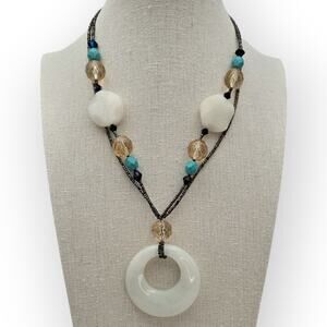 Lia Sophia White Stone Circle Pendant Necklace Mixed Bead Coastal Chic